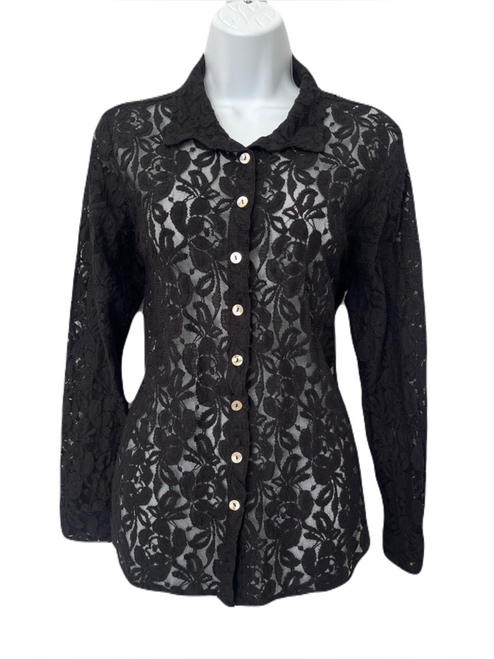 NWT Barbara Lesser Black Lace Sheer Button Down Blouse, Size L
